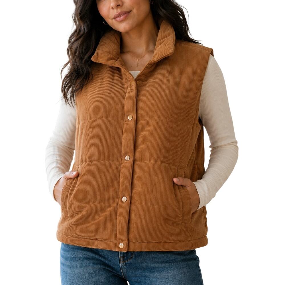 Pink Lily Rust Brown Corduroy Puffer Vest Fall Layering Size Small